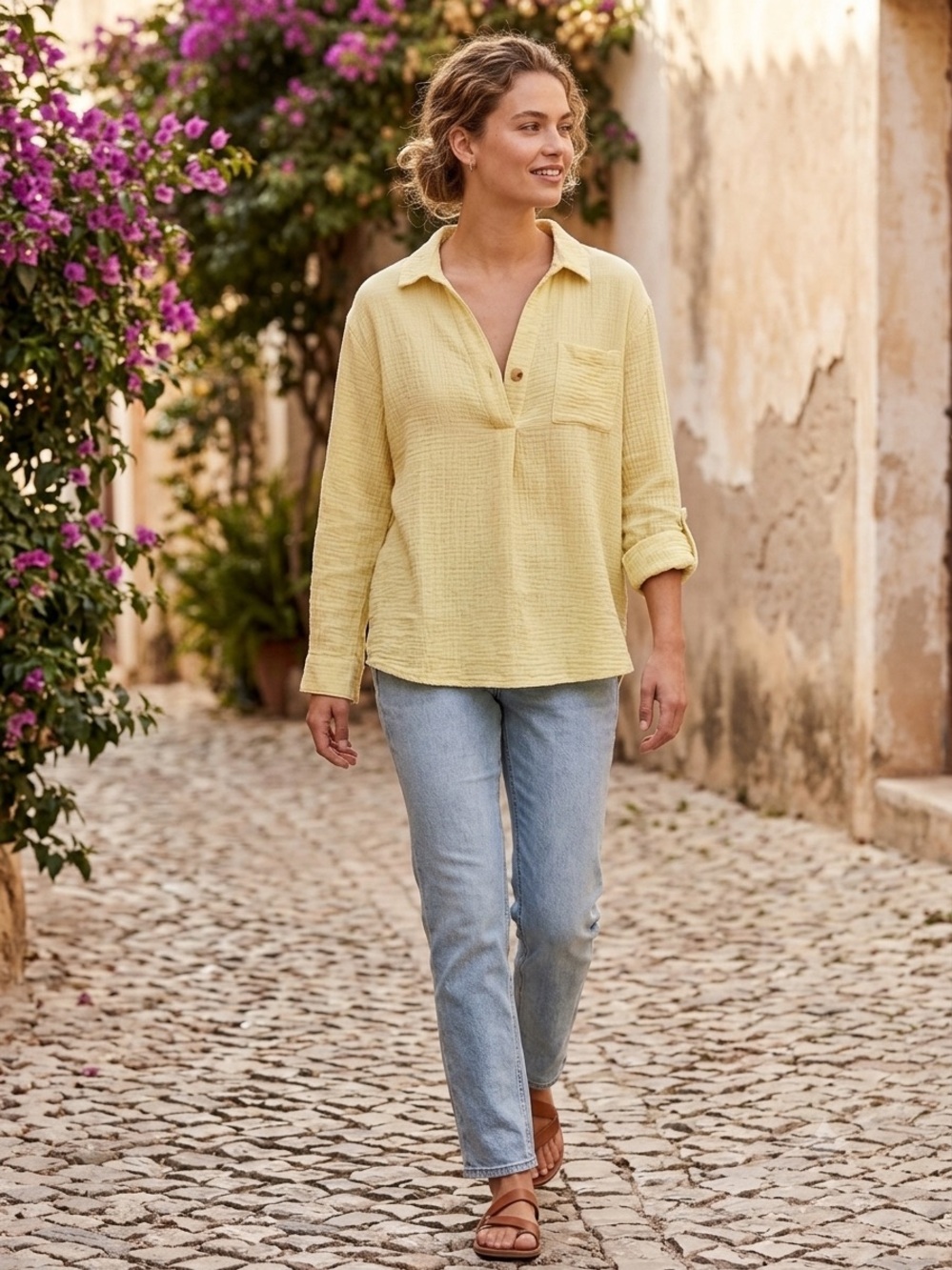 Cato Light Yellow Button-Neck Casual Pullover